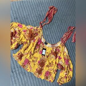 City Chic Yellow Floral Blouse with Pink and Brown Details